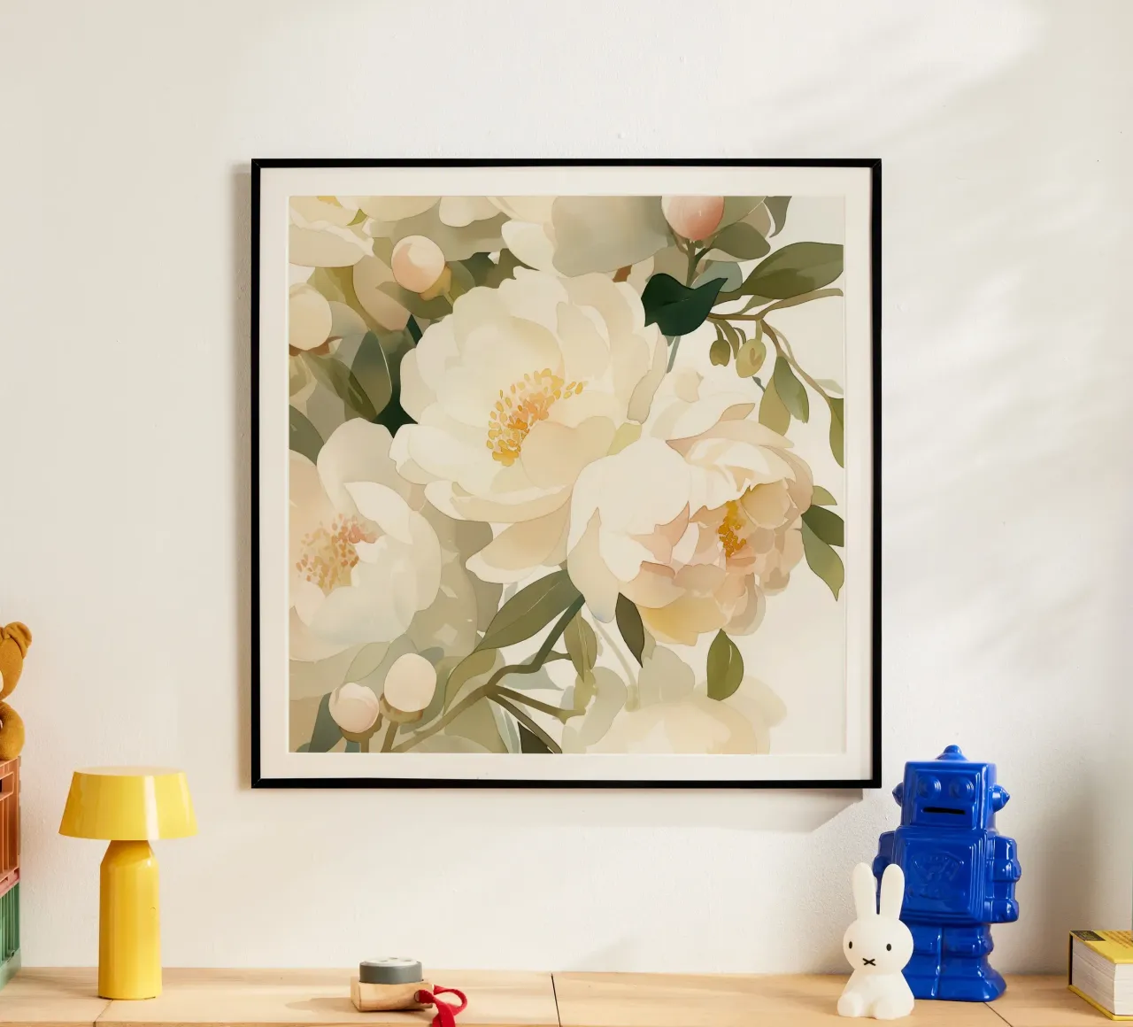 Petali di panna in fiore poster con telaio in plastica da Sophia Calder Studio