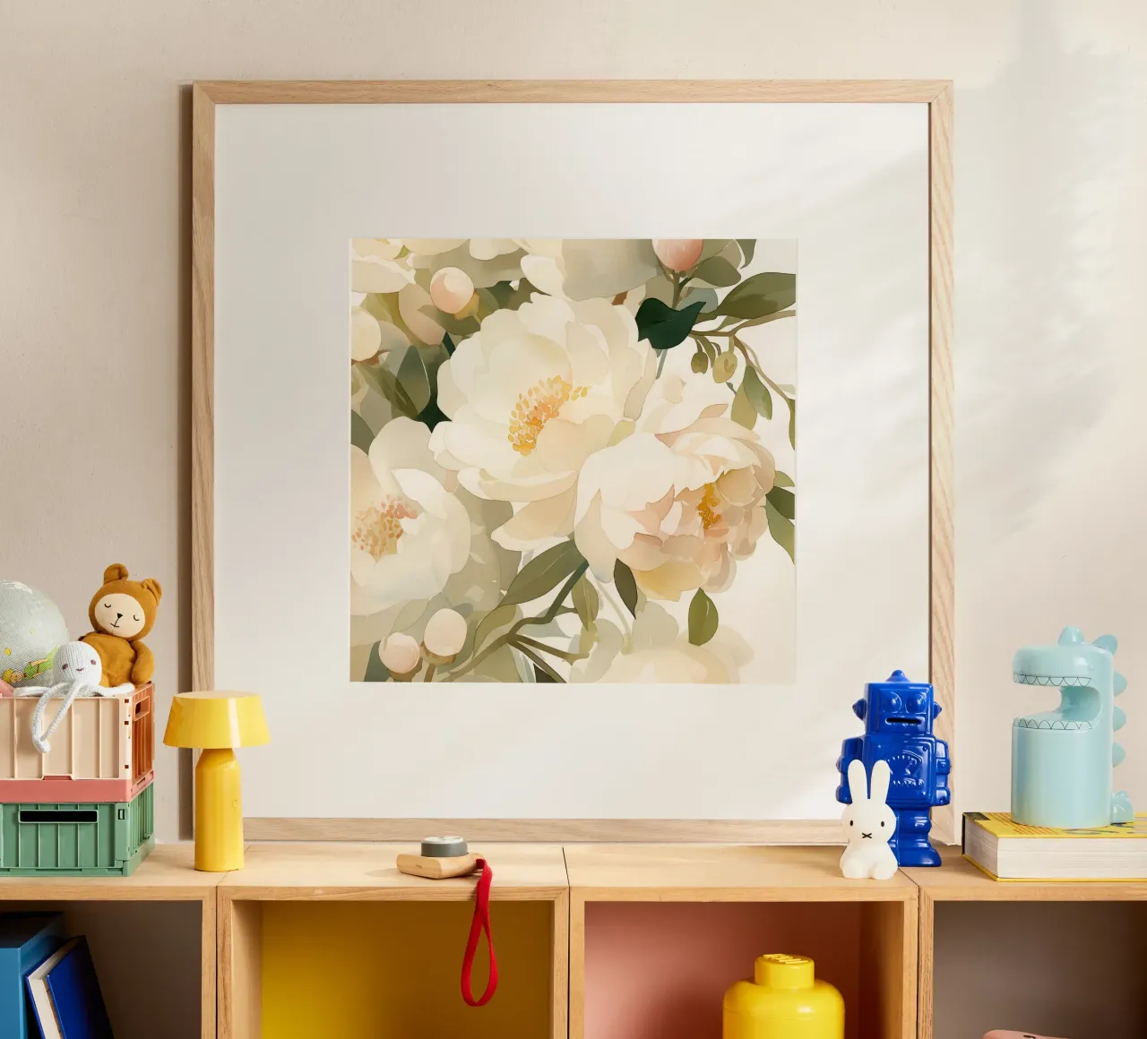 Petali di panna in fiore poster con telaio in plastica da Sophia Calder Studio