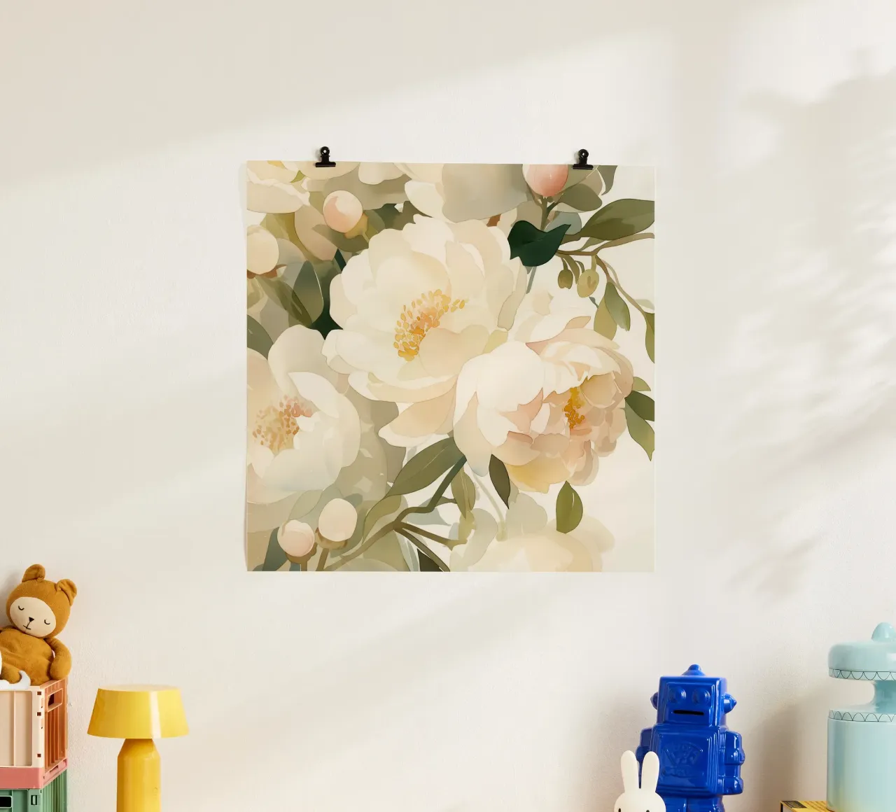 Petali di panna in fiore poster con telaio in plastica da Sophia Calder Studio