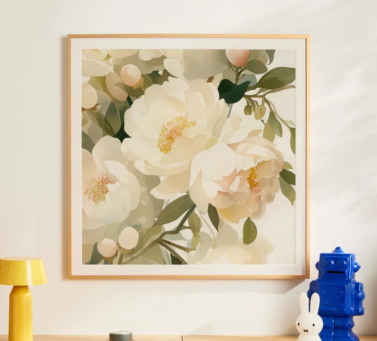 Petali di panna in fiore poster con telaio in plastica da Sophia Calder Studio