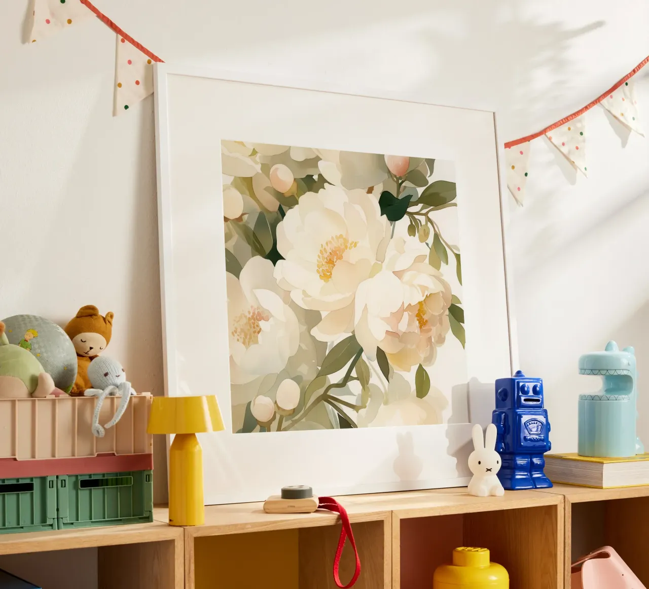 Petali di panna in fiore poster con telaio in plastica da Sophia Calder Studio