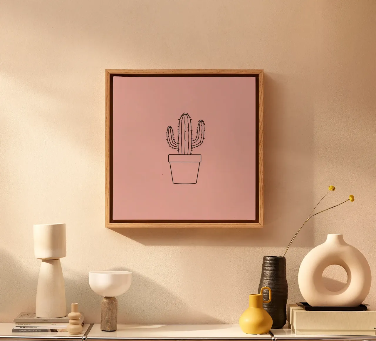 Cactus in vaso semplice su sfondo rosa tela con Cornice a cassetta da DesignDoodle