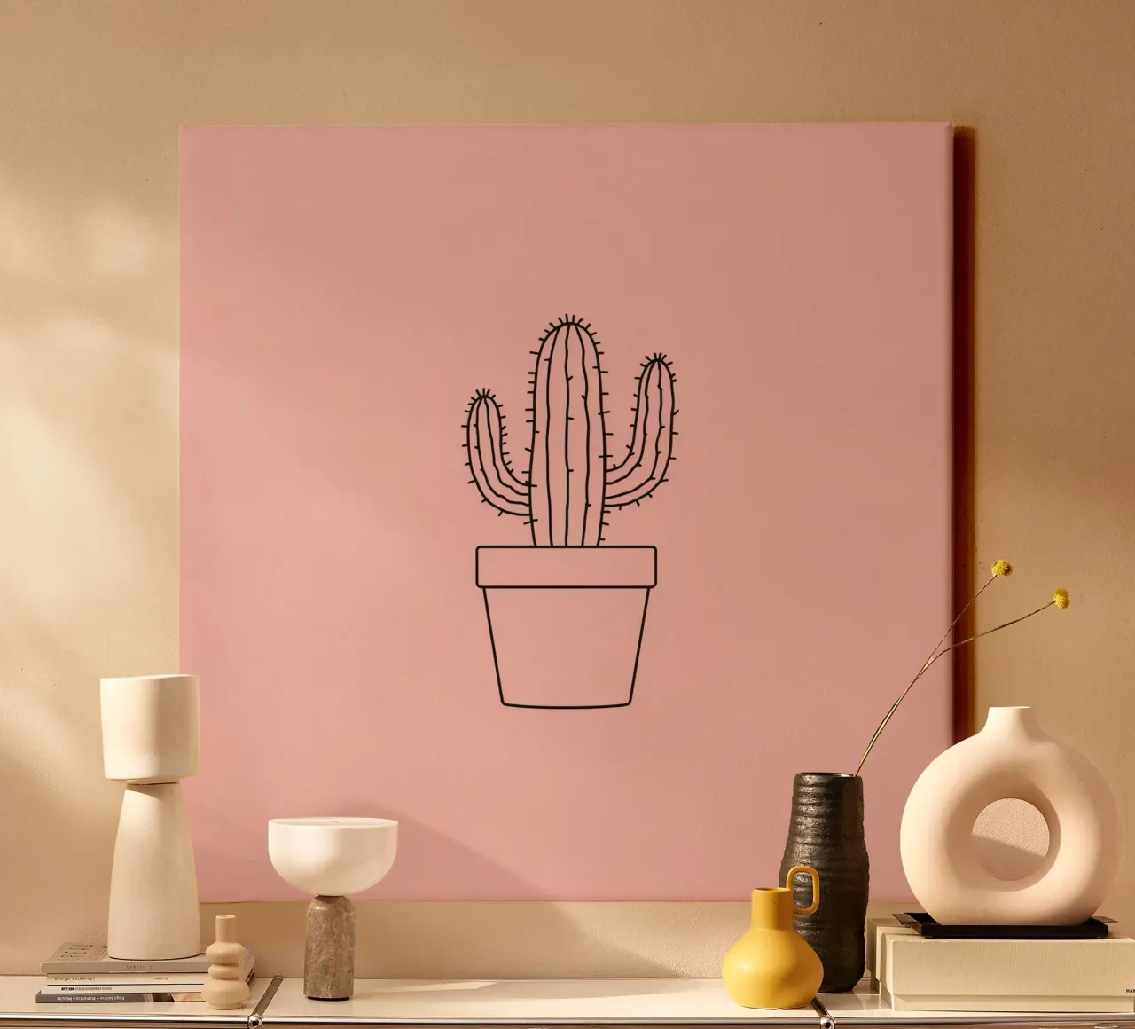 Cactus in vaso semplice su sfondo rosa tela con Cornice a cassetta da DesignDoodle