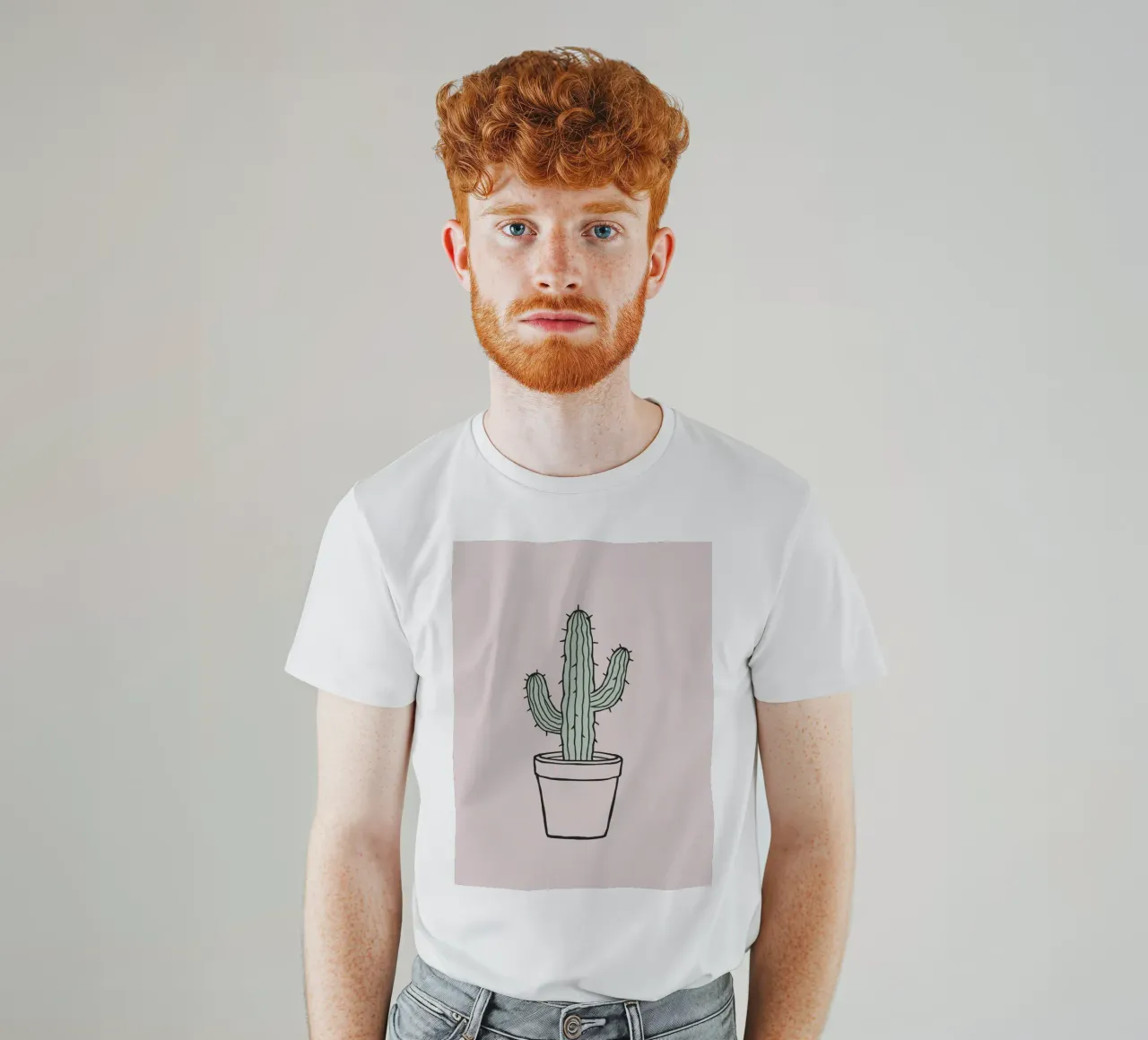 Cactus in a minimalist pot against a soft pink background t-shirt by DesignDoodle