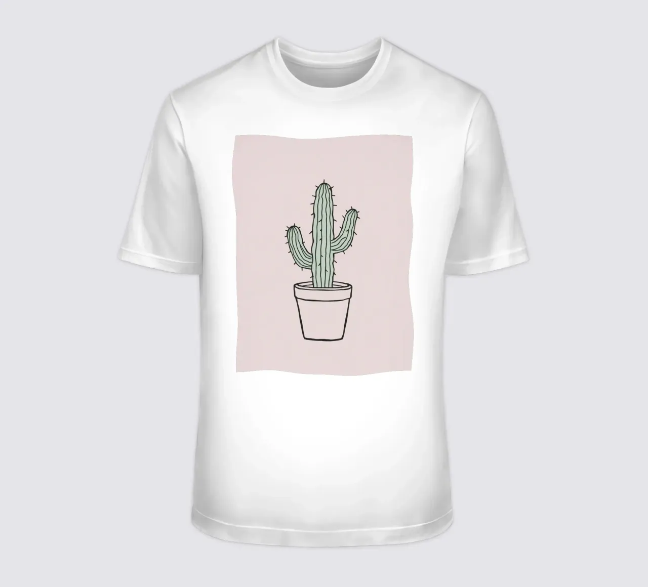 Cactus in a minimalist pot against a soft pink background t-shirt by DesignDoodle