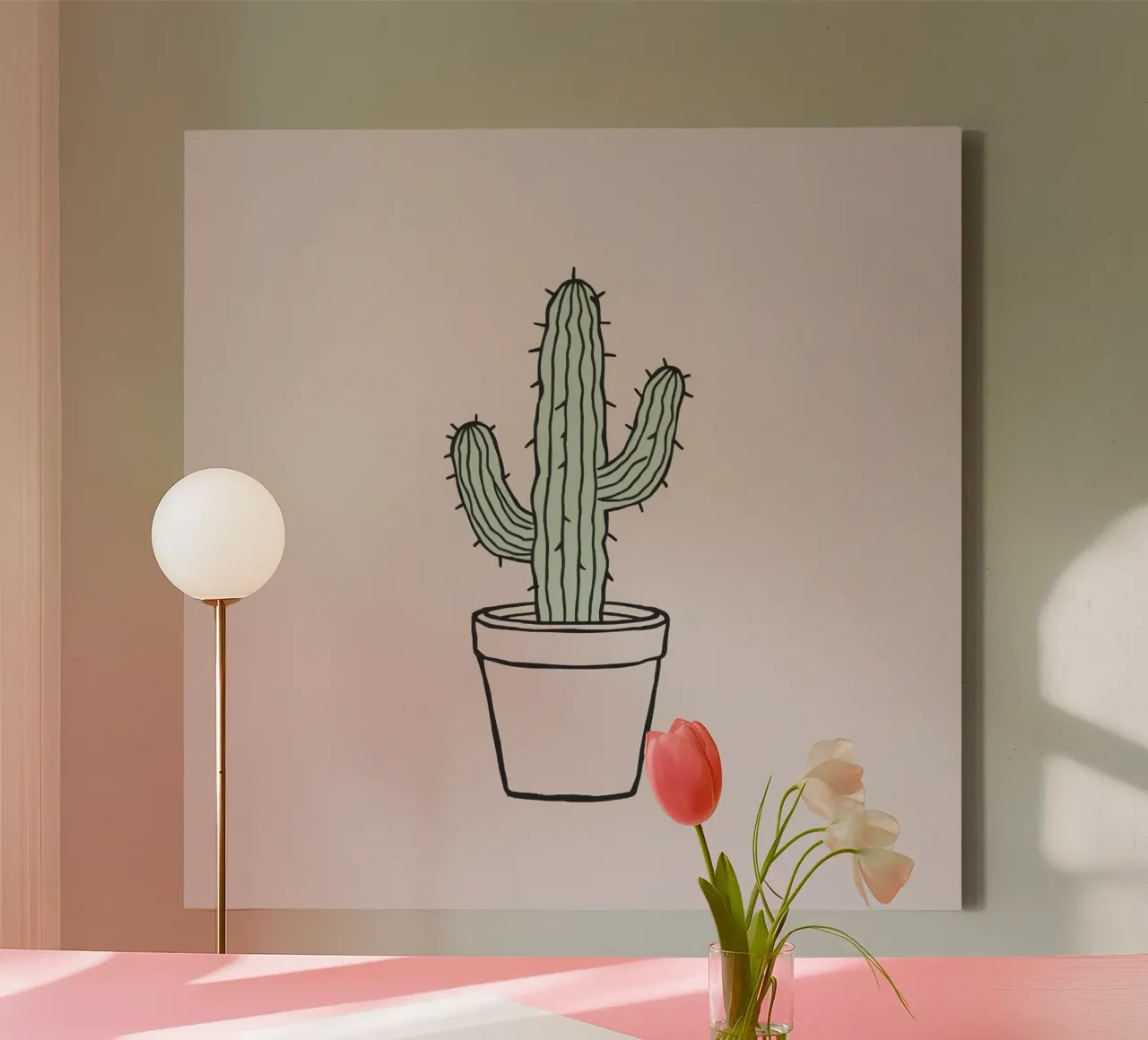 Cactus in a minimalist pot against a soft pink background canvas by DesignDoodle
