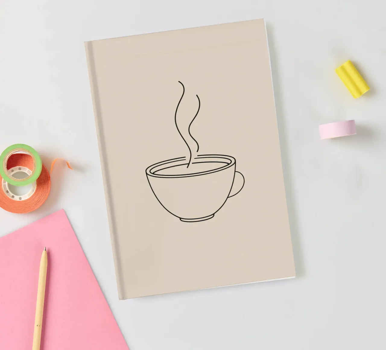 Steaming cup of hot beverage in minimalistic style notebook by DesignDoodle