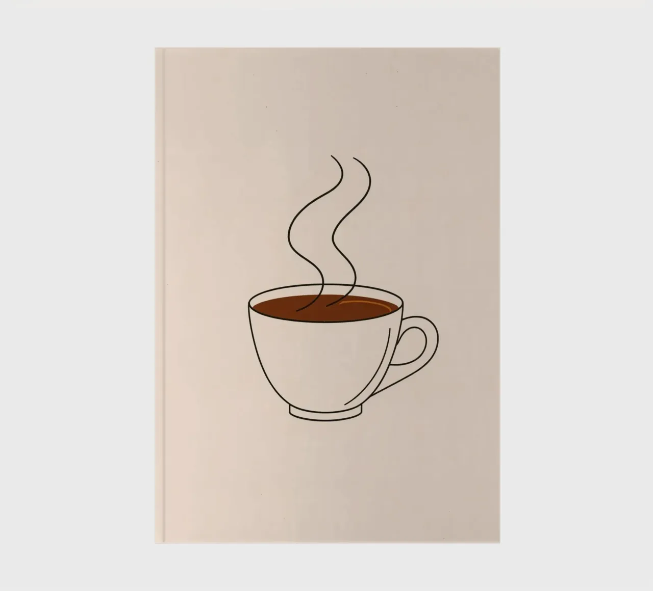 Warm cup of coffee with steam rising against a neutral art notebook by DesignDoodle