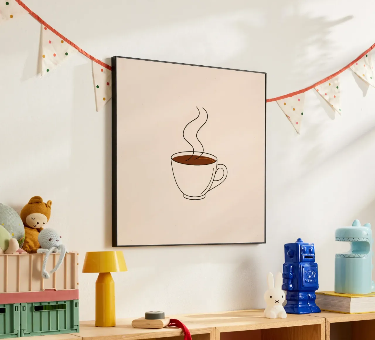 Tazza di caffè caldo con vapore che sale su un'opera d'arte neutra alluminio dibond da DesignDoodle