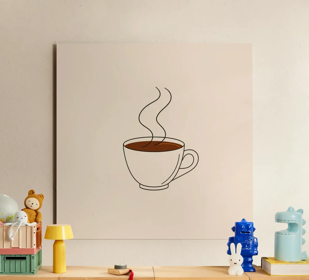 Tazza di caffè caldo con vapore che sale su un'opera d'arte neutra alluminio dibond da DesignDoodle