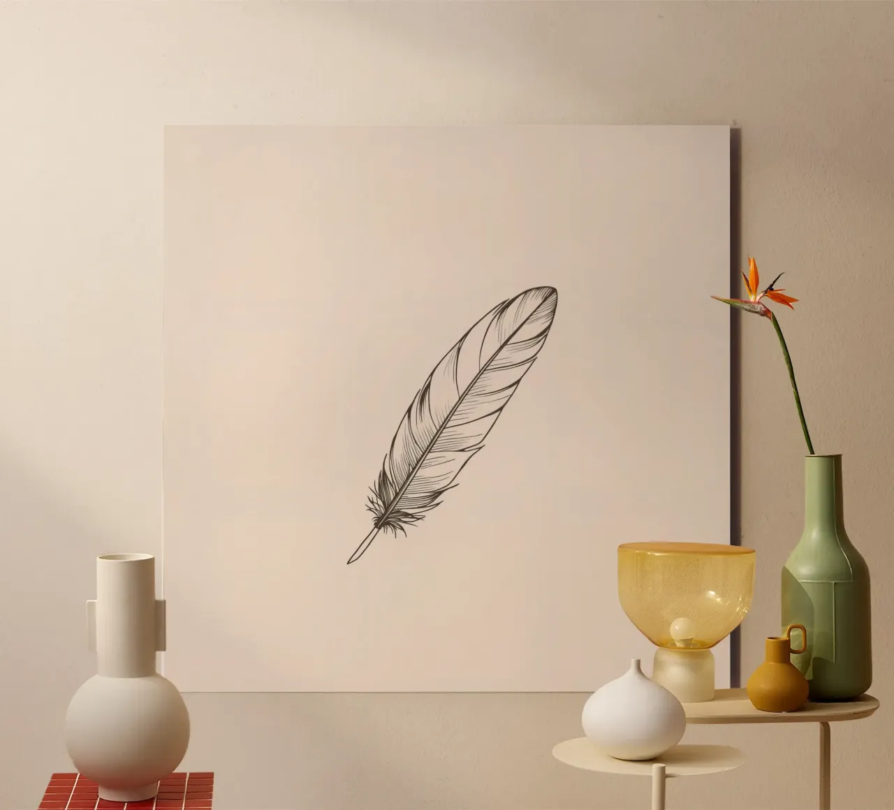 Delicate black feather resting on a light background forex plate by DesignDoodle