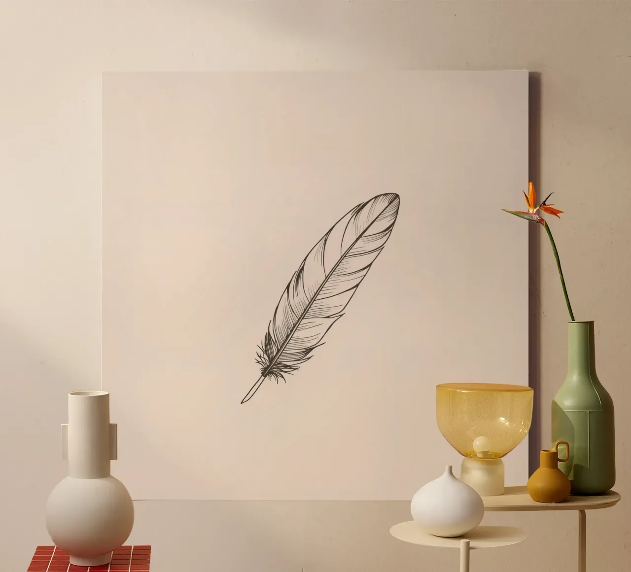 Delicate black feather resting on a light background canvas by DesignDoodle