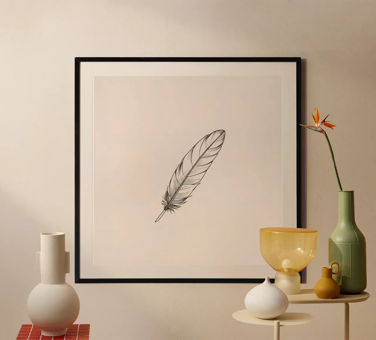 Delicate black feather resting on a light background hahnemühle by DesignDoodle