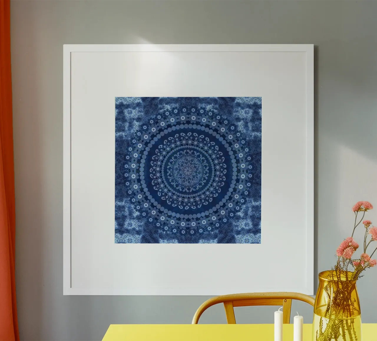 Mandala di margherite blu poster con telaio in plastica da Nina May Design Studio