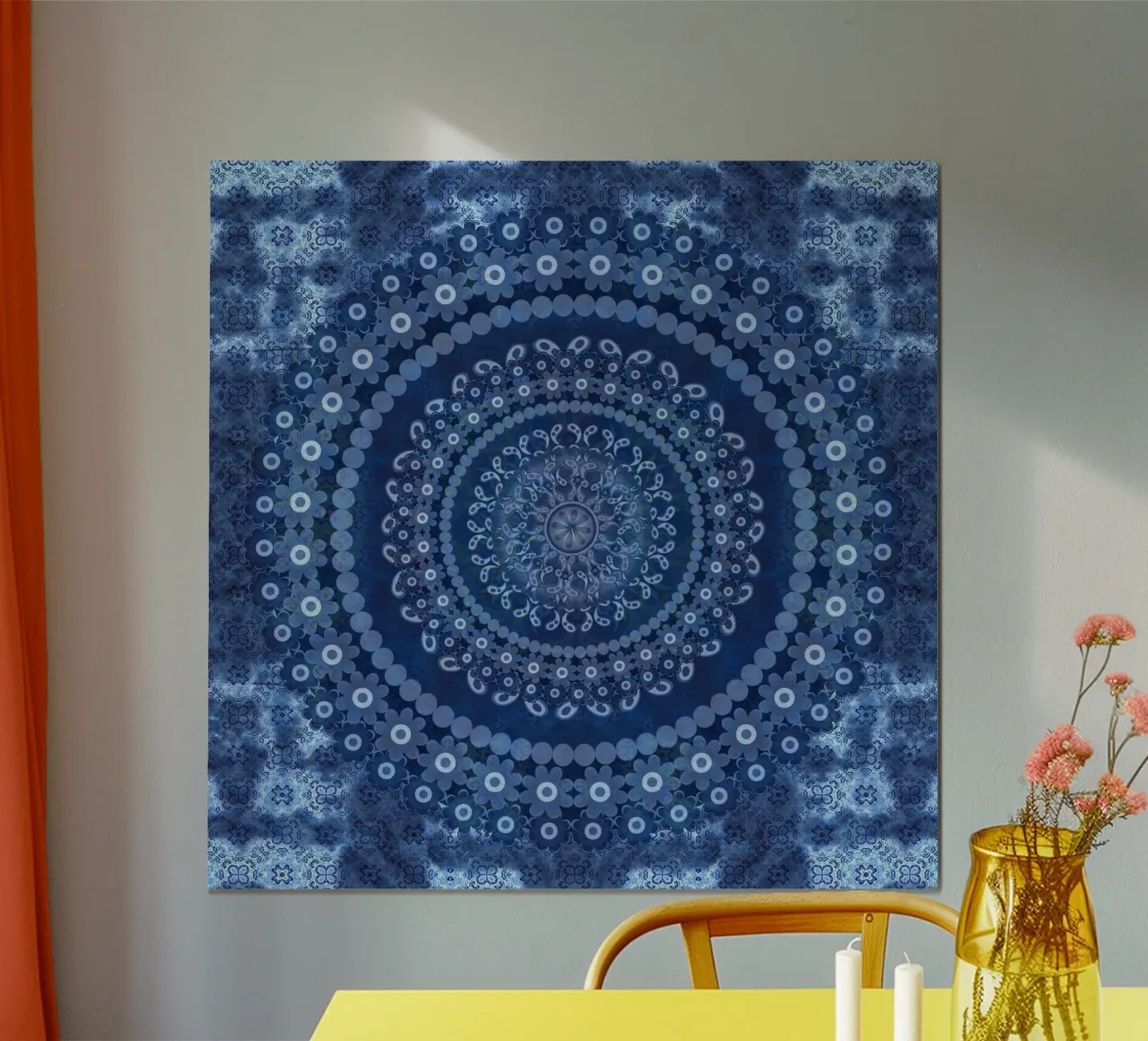 Mandala di margherite blu poster con telaio in plastica da Nina May Design Studio