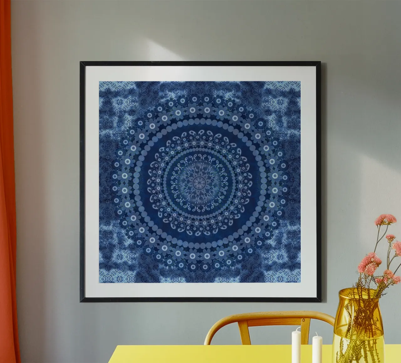Mandala di margherite blu poster con telaio in plastica da Nina May Design Studio