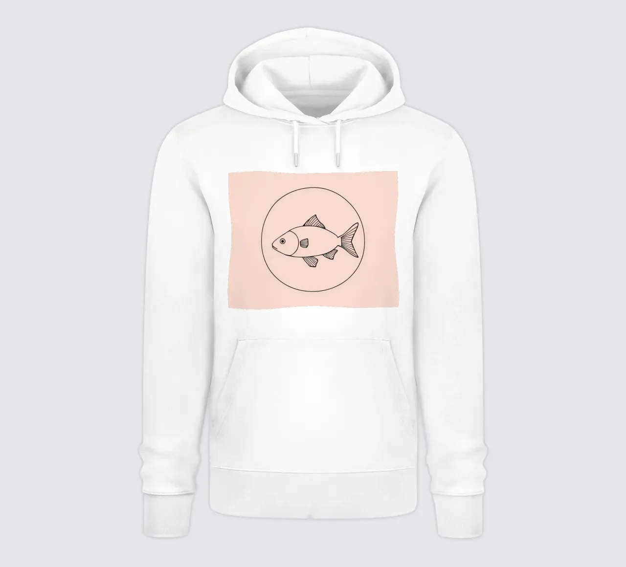 Illustration of a fish outlined in black on a minimalist art hoodie by DesignDoodle