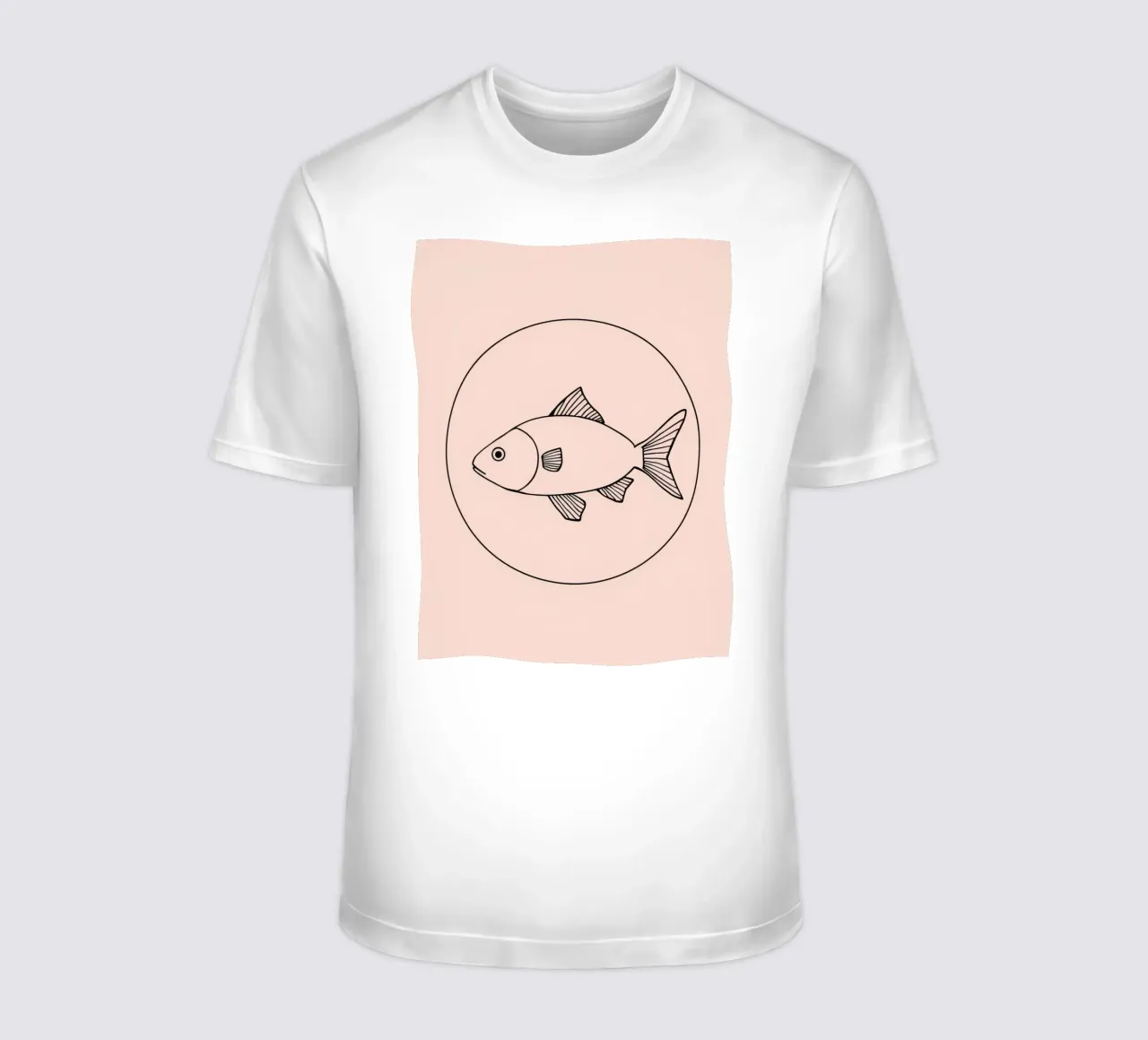 Illustration of a fish outlined in black on a minimalist art t-shirt by DesignDoodle