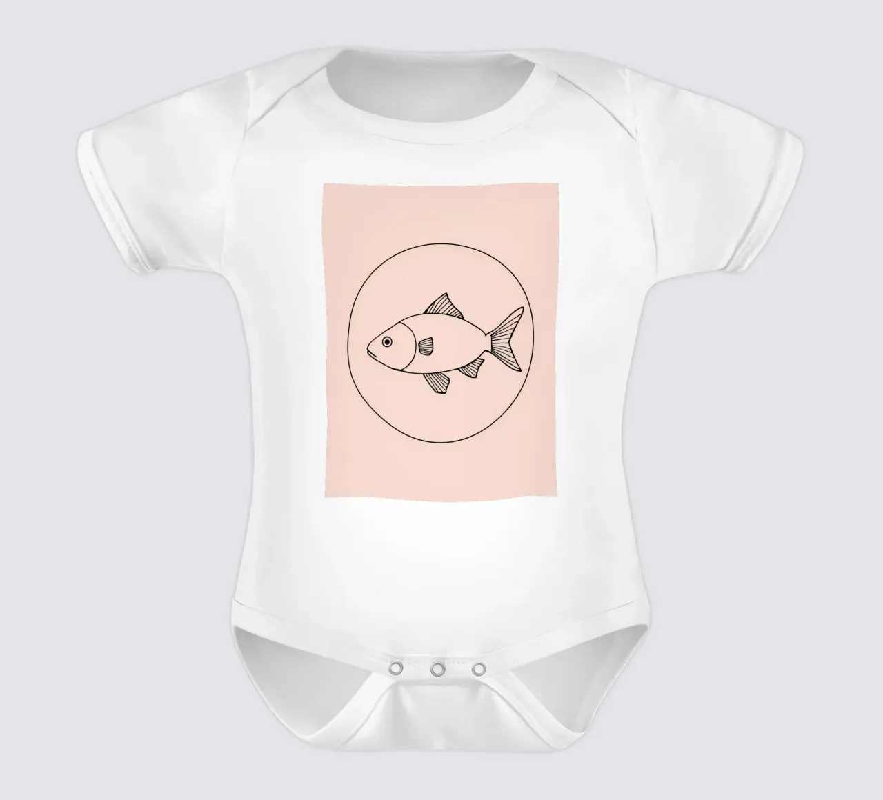 Illustration of a fish outlined in black on a minimalist art short-sleeve baby romper by DesignDoodle