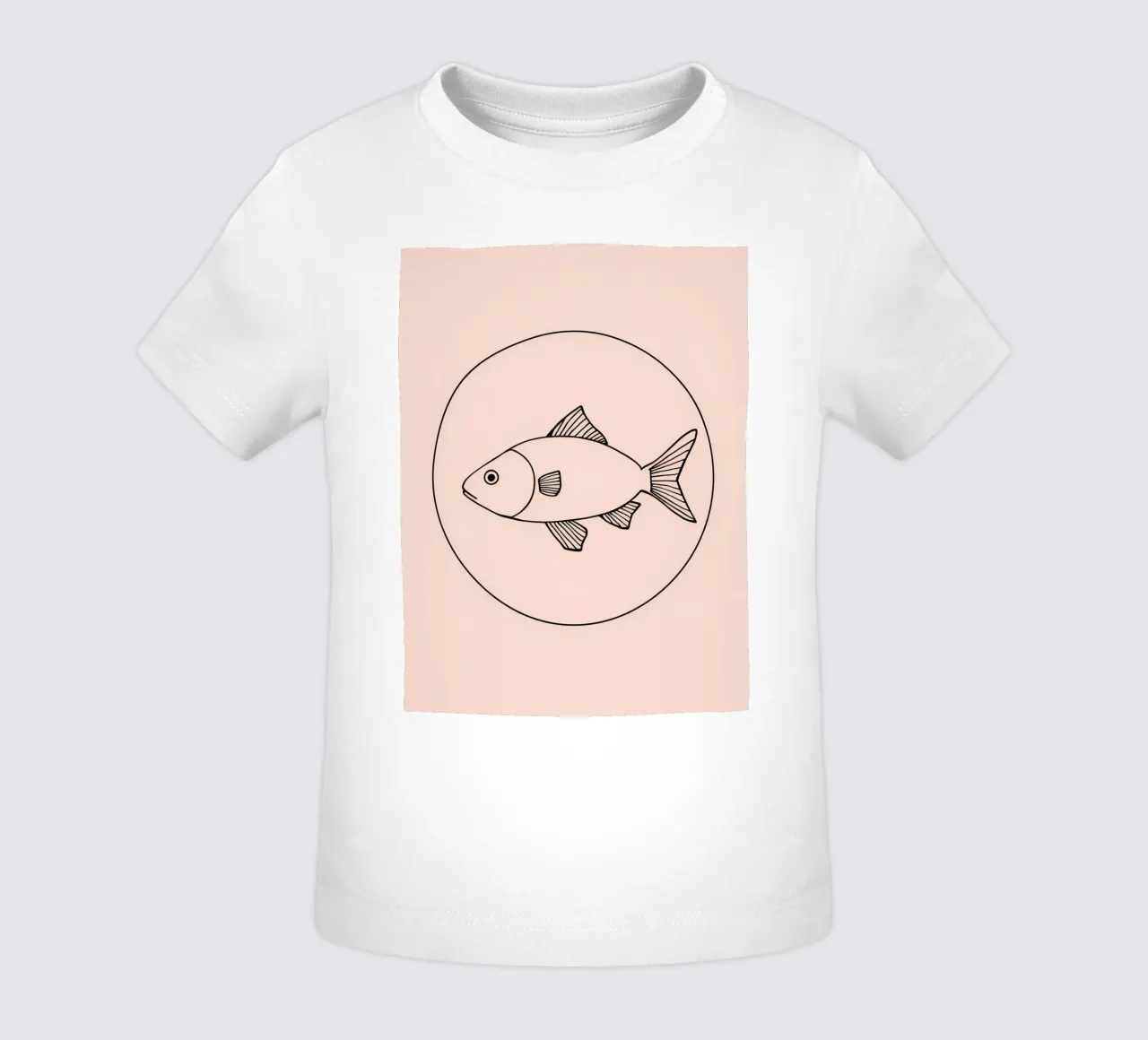 Illustration of a fish outlined in black on a minimalist art baby t-shirt by DesignDoodle