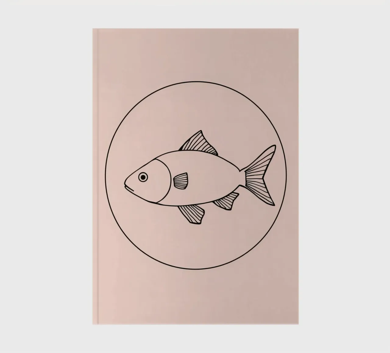 Illustration of a fish outlined in black on a minimalist art notebook by DesignDoodle