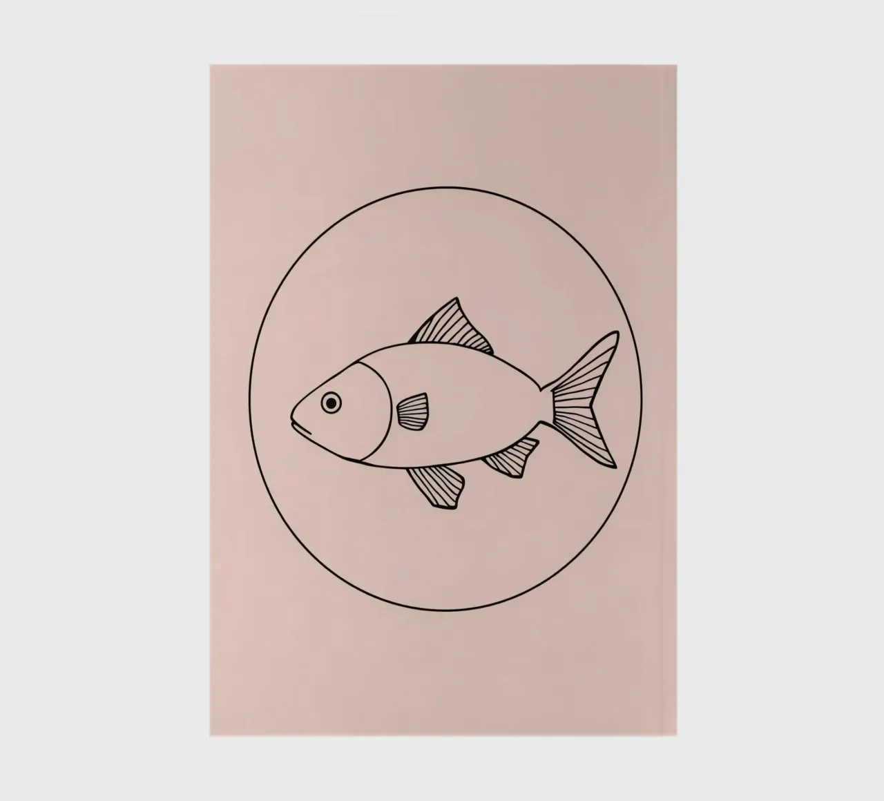 Illustration of a fish outlined in black on a minimalist art notebook by DesignDoodle