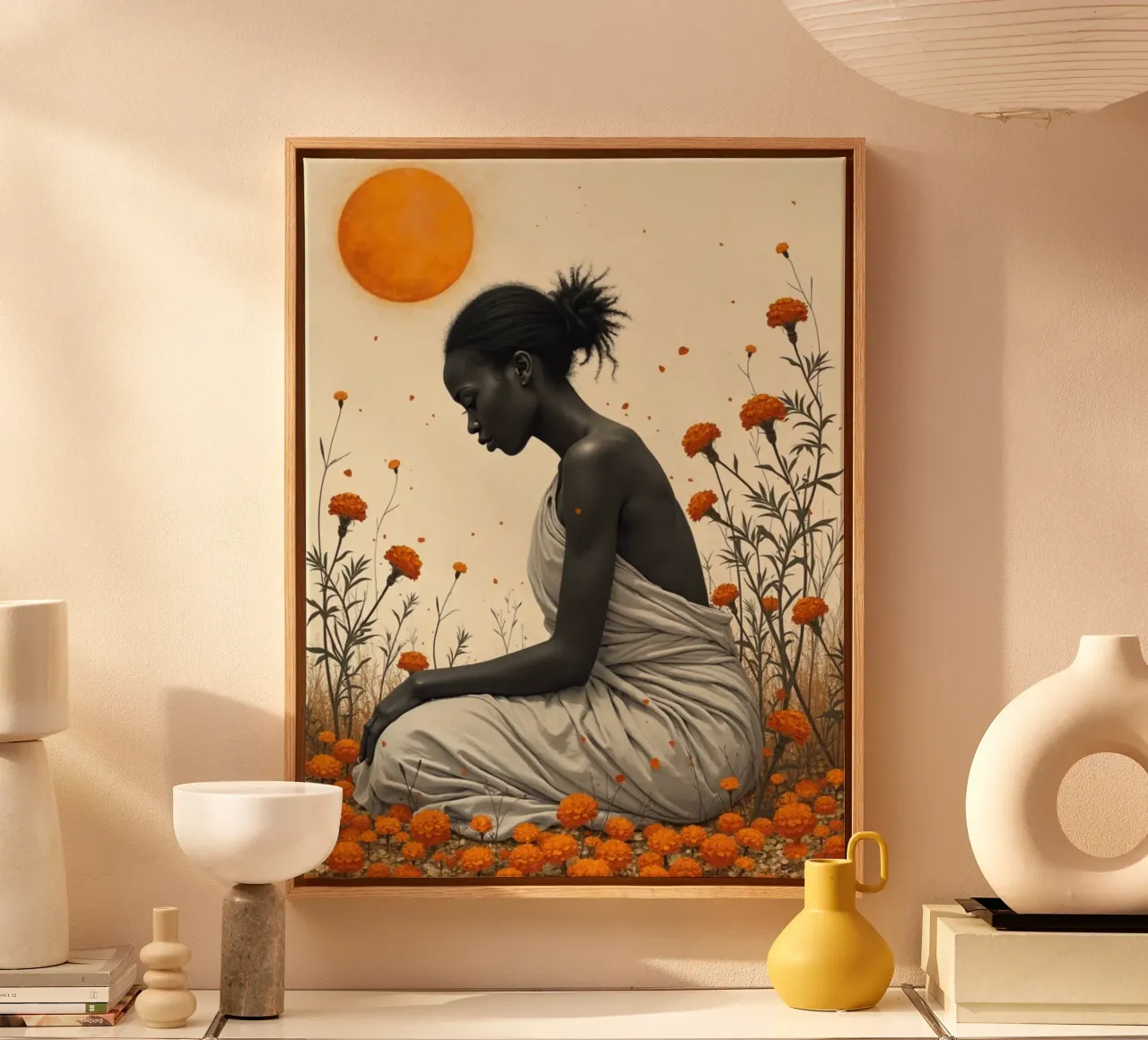 Goldene Töchter: Flüsternde Ringelblumen Leinwand mit Schattenfugenrahmen von Dustlight Atelier