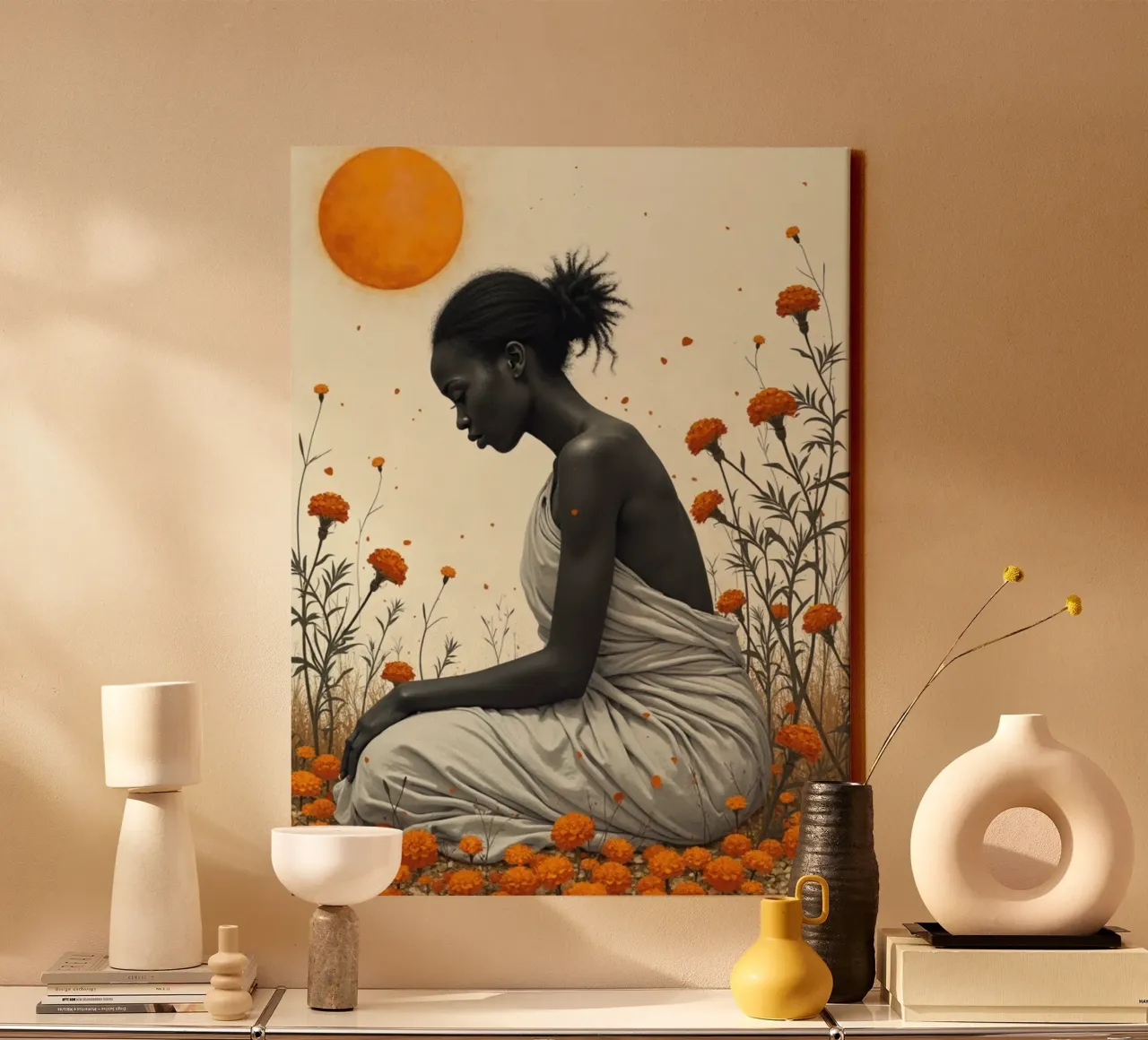 Goldene Töchter: Flüsternde Ringelblumen Leinwand mit Schattenfugenrahmen von Dustlight Atelier