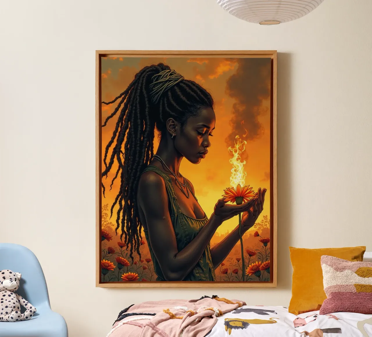 Goldene Töchter: Flamme der Erneuerung Leinwand mit Schattenfugenrahmen von Dustlight Atelier