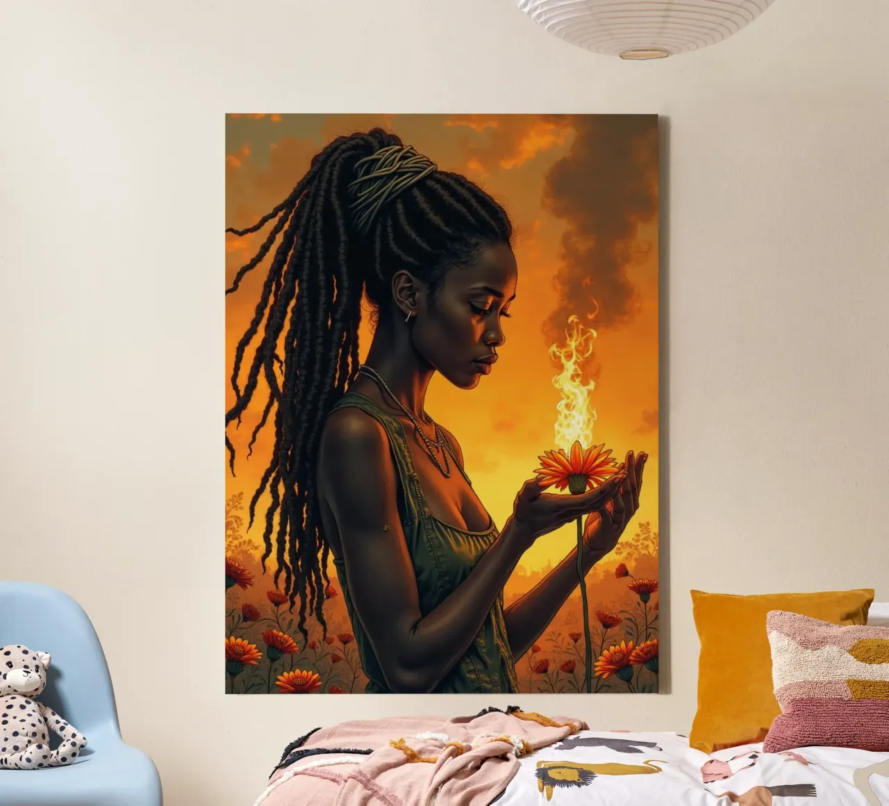 Goldene Töchter: Flamme der Erneuerung Leinwand mit Schattenfugenrahmen von Dustlight Atelier