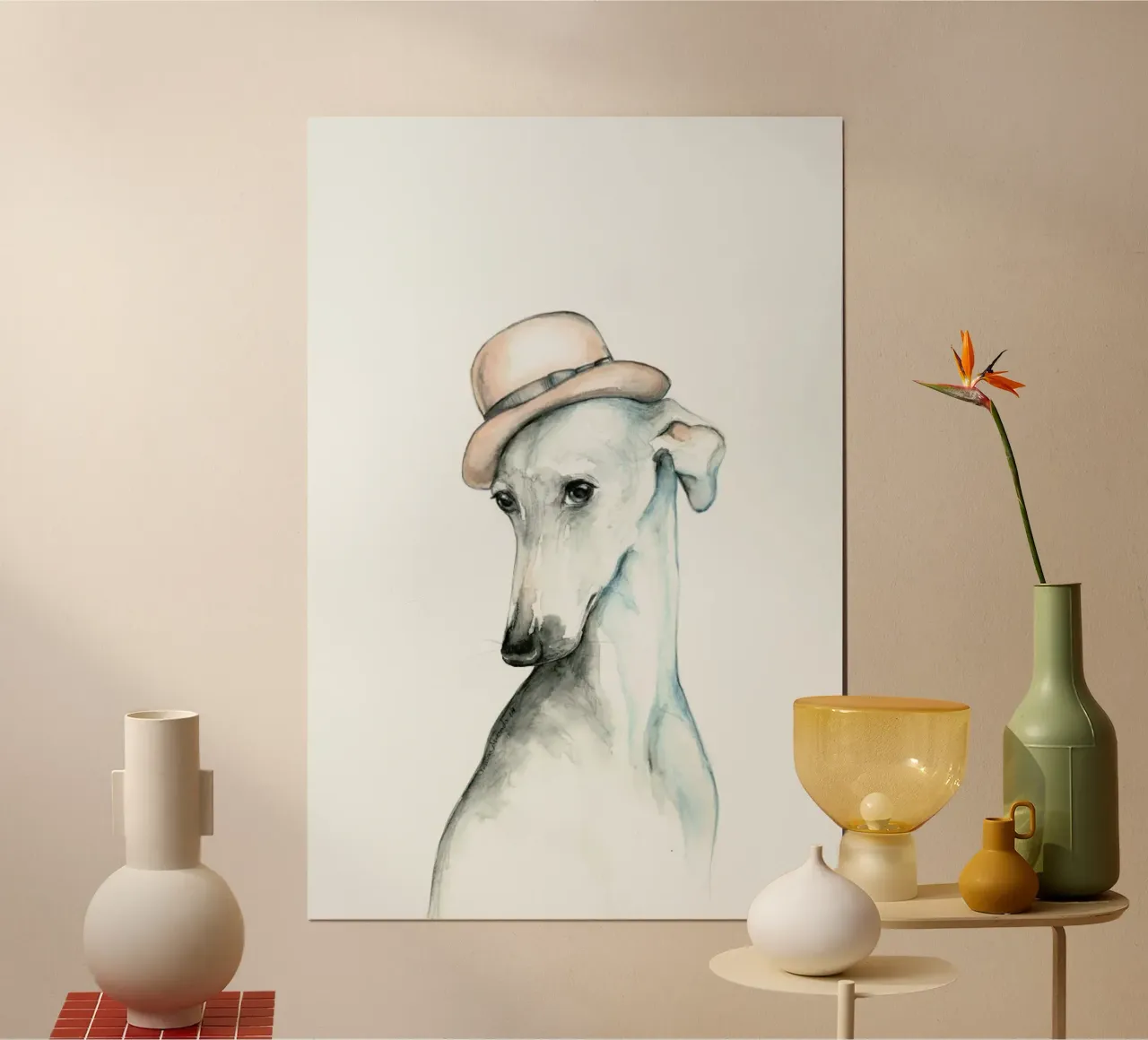Cane con bombetta - levriero ad acquerello. poster con telaio in alluminio da Susana Miranda ilustracion