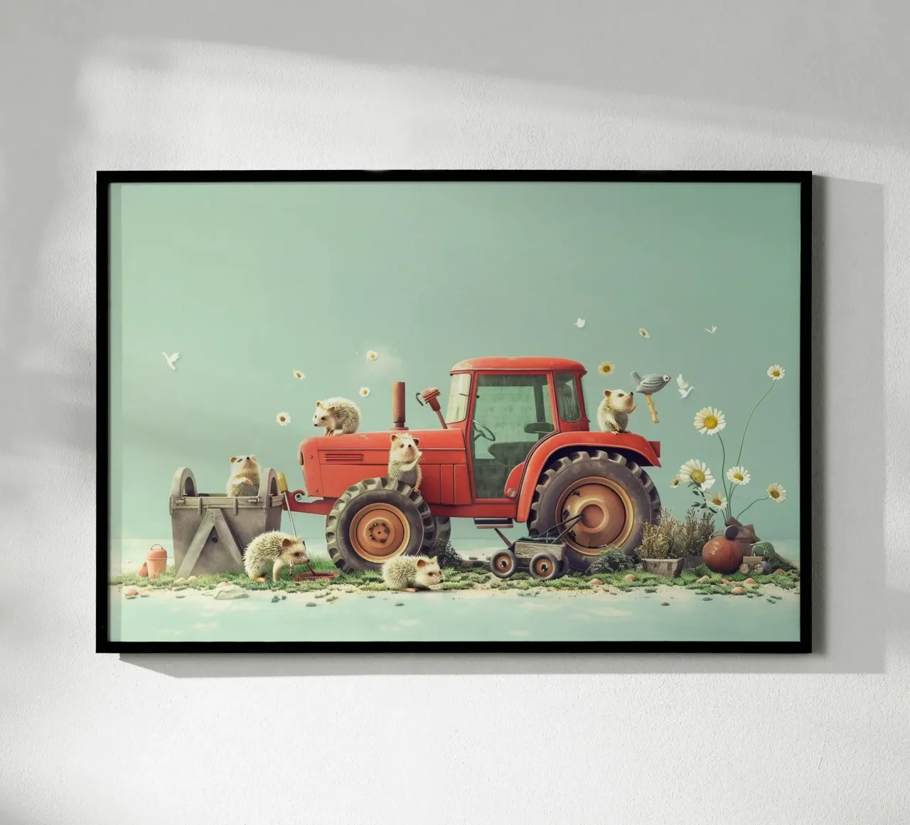 Hedgehog Tractor Day poster avec cadre en bois de wonderfolk