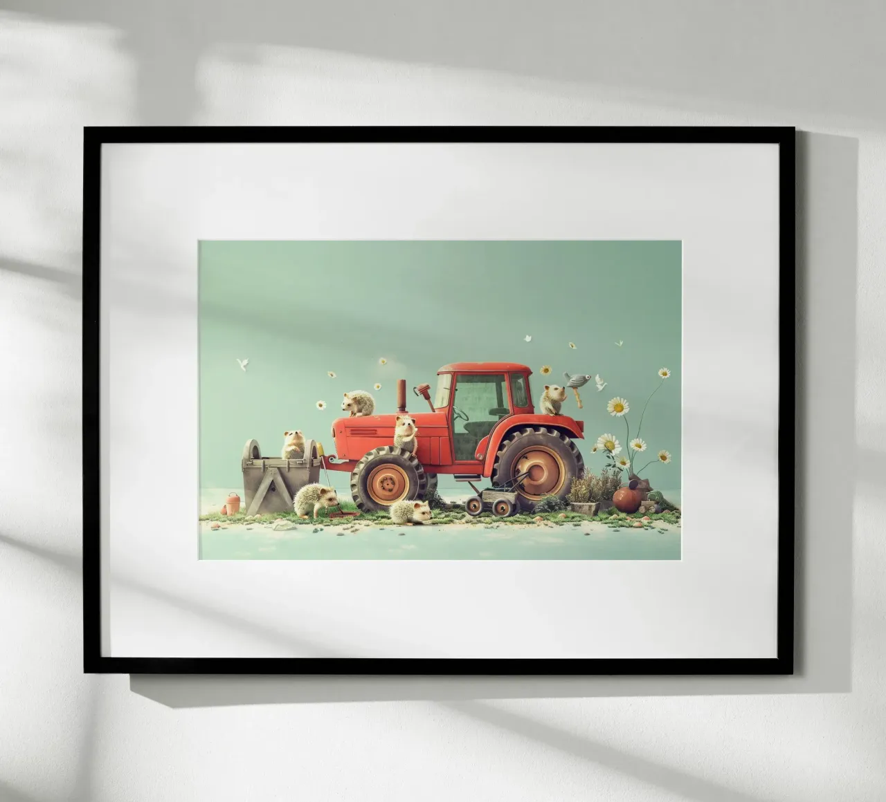 Hedgehog Tractor Day poster avec cadre en bois de wonderfolk