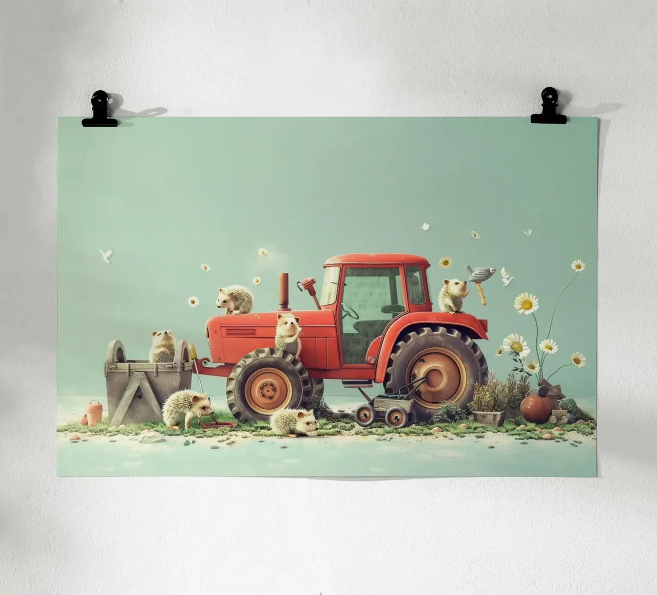 Hedgehog Tractor Day poster avec cadre en bois de wonderfolk