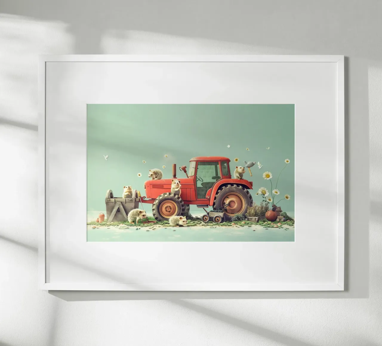 Hedgehog Tractor Day poster avec cadre en bois de wonderfolk