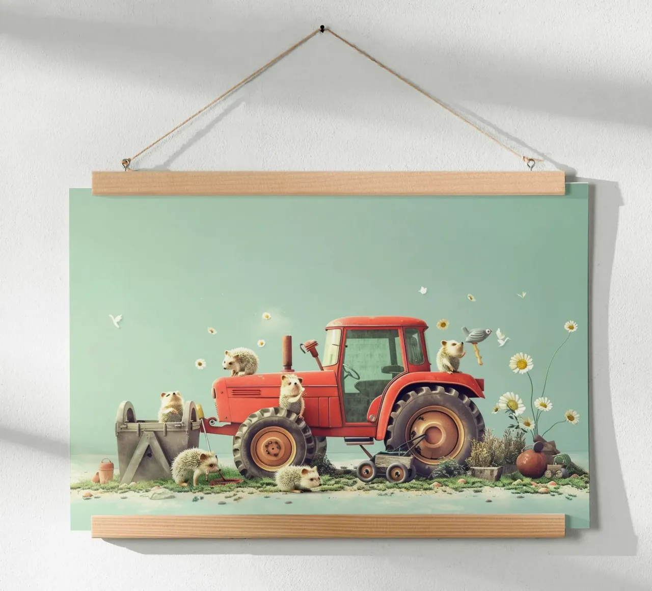 Hedgehog Tractor Day poster avec cadre en bois de wonderfolk