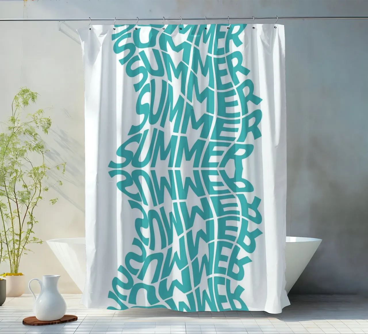 Wavy Summer Typography Art - Trendy Beach Vibes shower curtain by ClubArt