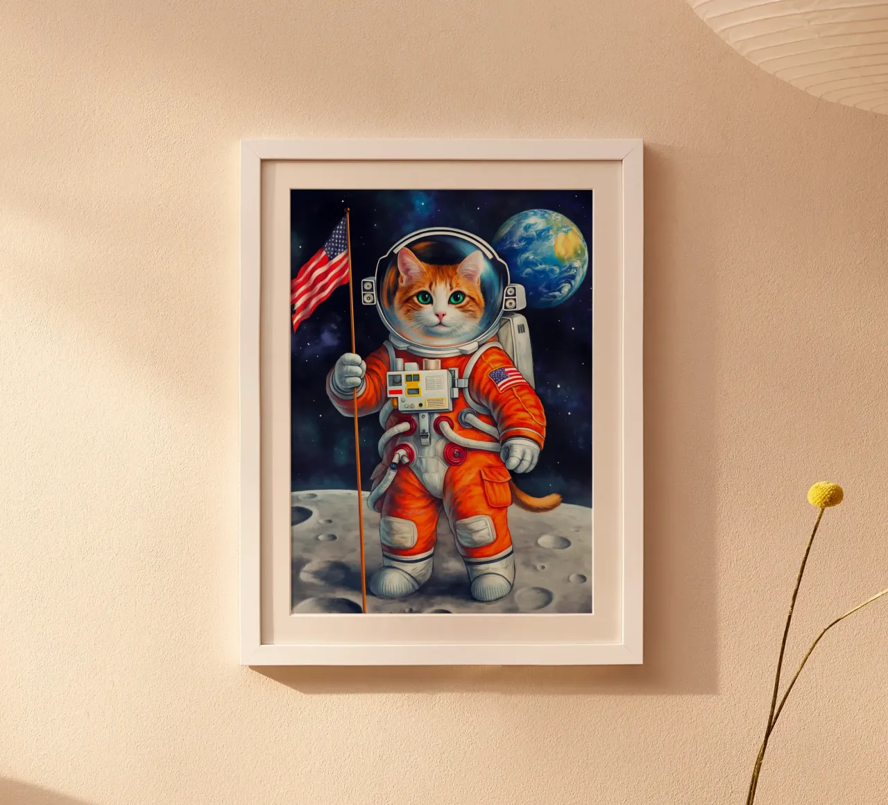 Gatto astronauta americano sulla Luna poster con telaio in legno da Fleur de Lys