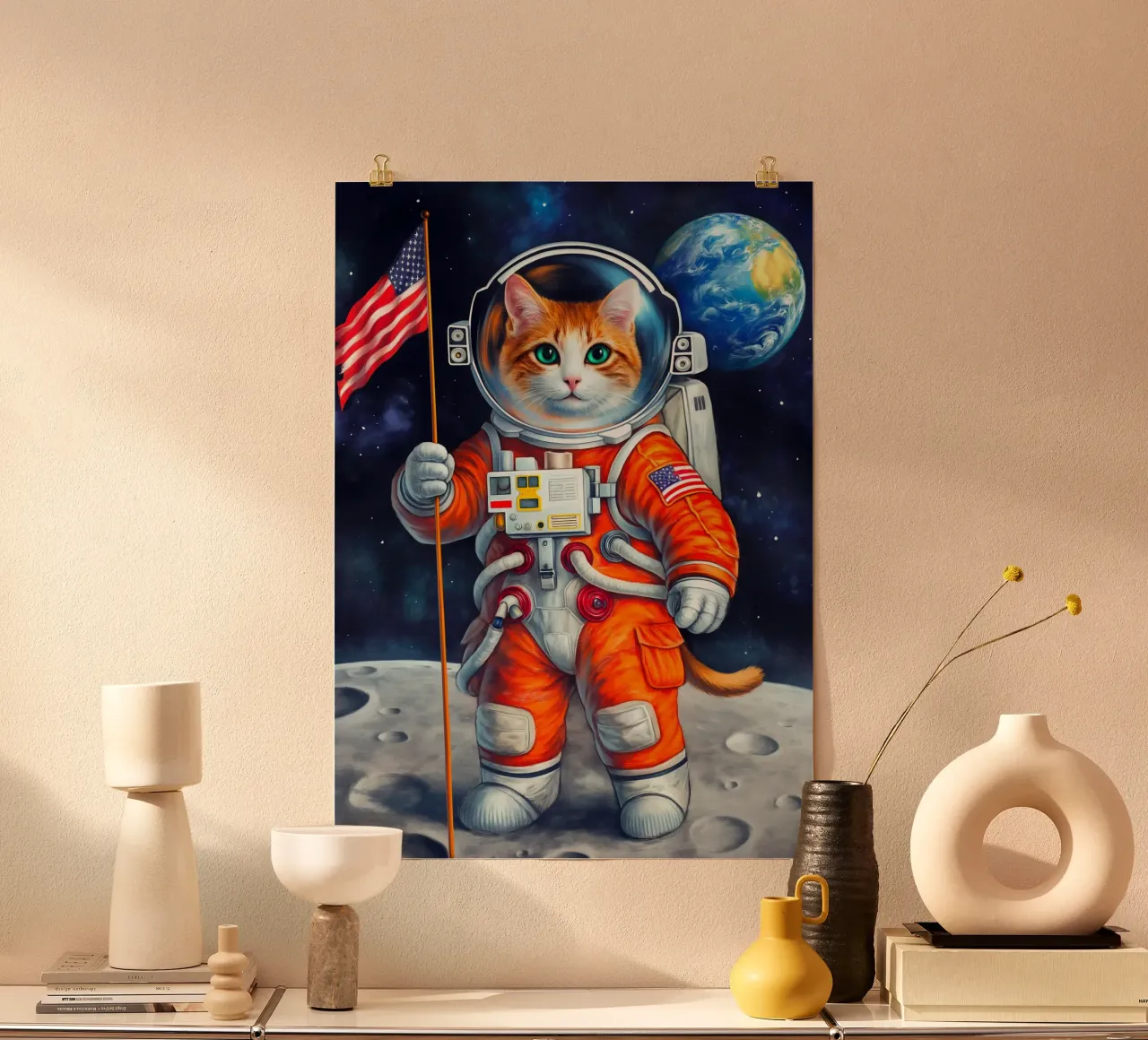 Gatto astronauta americano sulla Luna poster con telaio in legno da Fleur de Lys