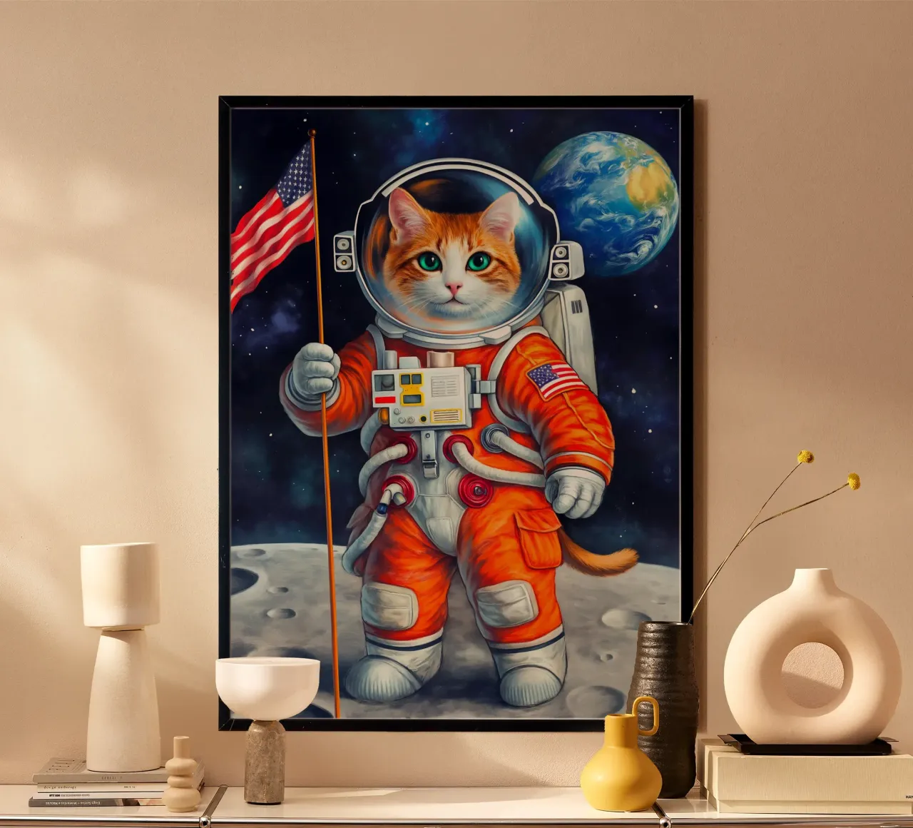 Gatto astronauta americano sulla Luna poster con telaio in legno da Fleur de Lys