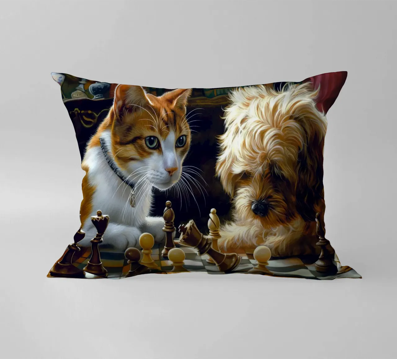 Gatto e cane giocano a scacchi cuscino da Fleur de Lys