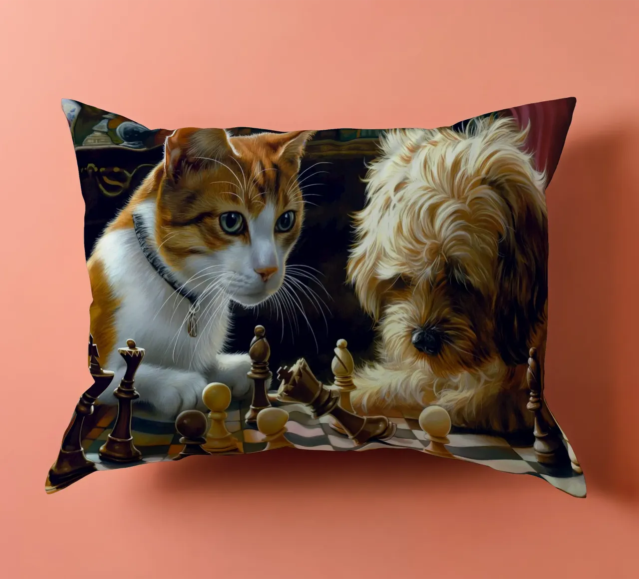 Gatto e cane giocano a scacchi cuscino da Fleur de Lys