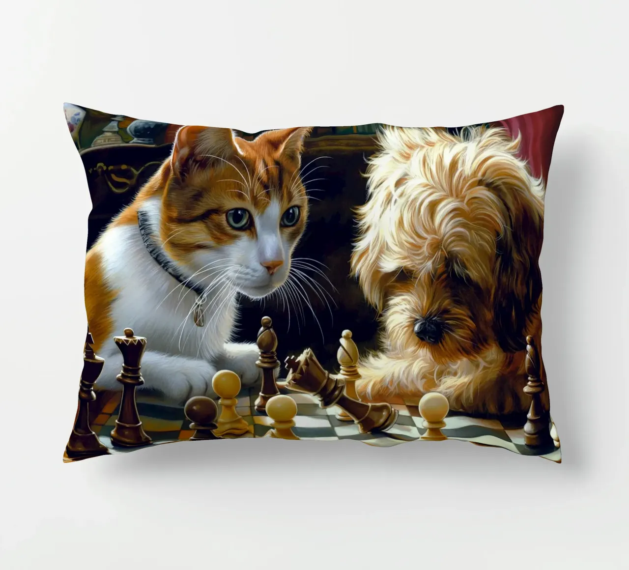 Gatto e cane giocano a scacchi cuscino da Fleur de Lys