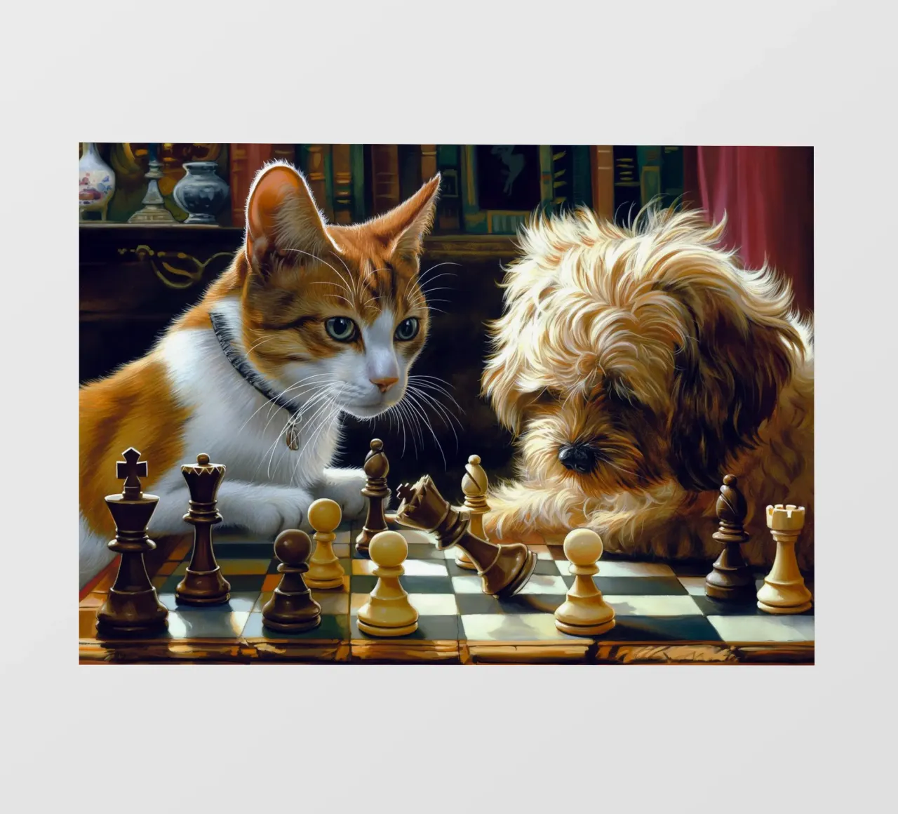 Gatto e cane giocano a scacchi telo in pvc da Fleur de Lys