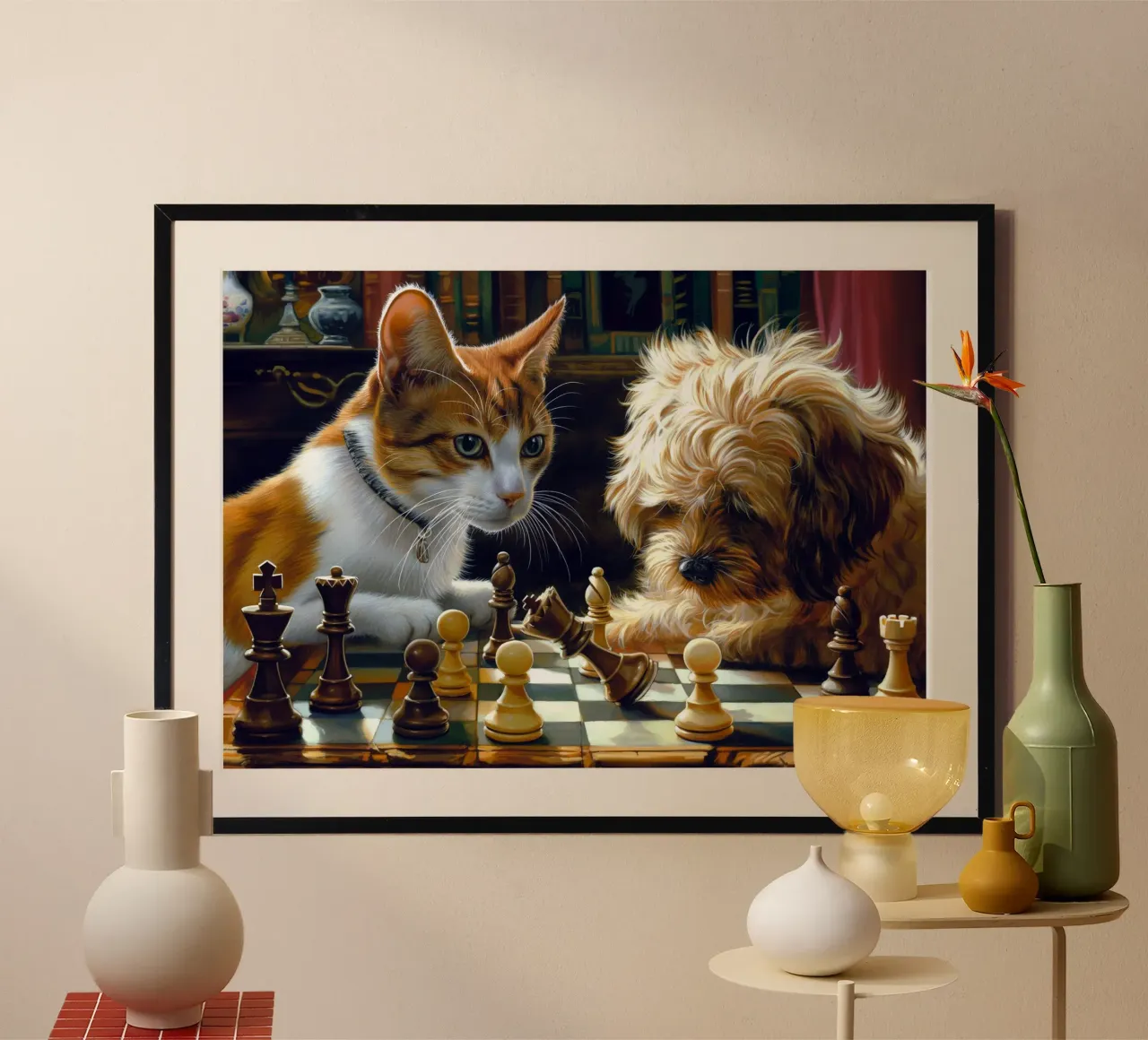 Gatto e cane giocano a scacchi carta hahnemühle da Fleur de Lys