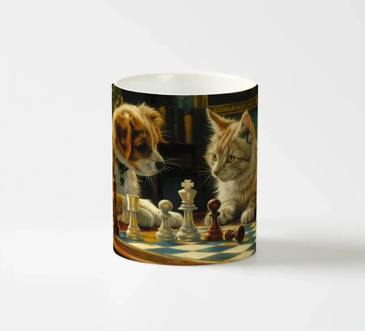 Gatto e cane giocano a scacchi tazza in ceramica da Fleur de Lys