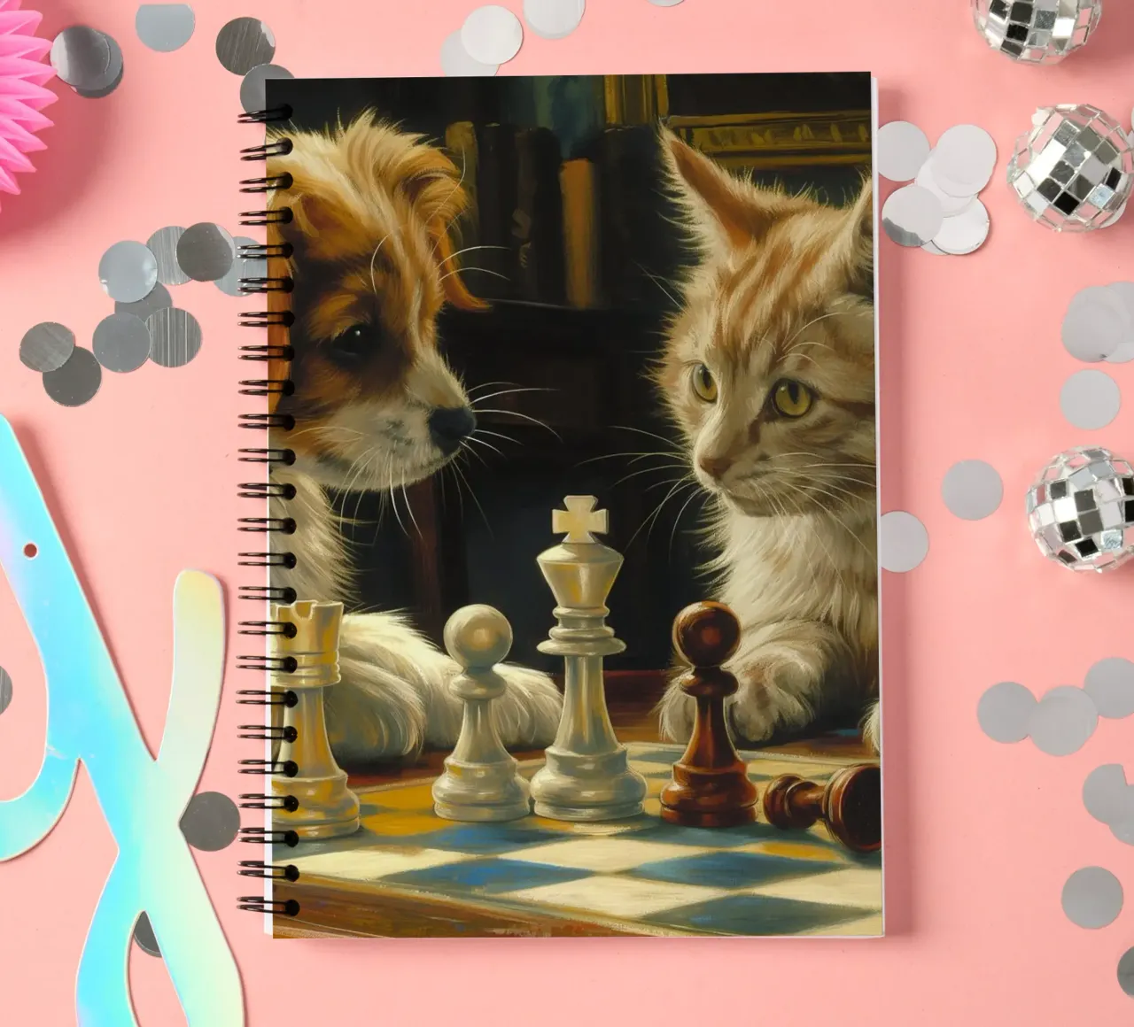 Cat and Dog Play Chess spiral notebook by Fleur de Lys