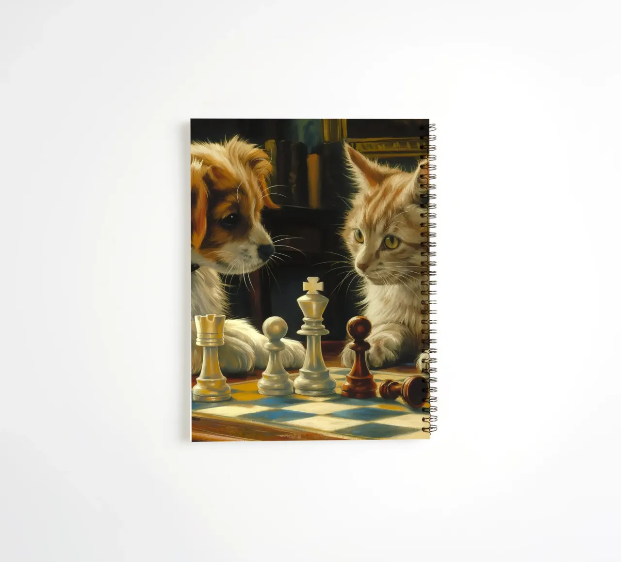 Cat and Dog Play Chess spiral notebook by Fleur de Lys