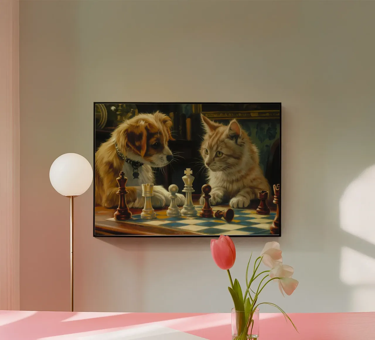 Gatto e cane giocano a scacchi plexiglass da Fleur de Lys