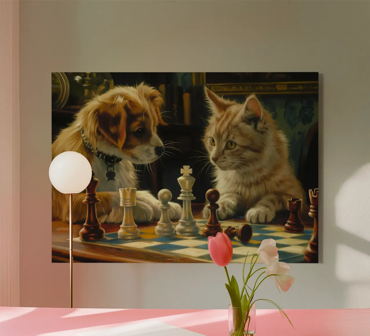 Gatto e cane giocano a scacchi plexiglass da Fleur de Lys